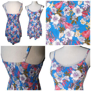 Y2k Babydoll Dress M Strappy Floral Blue Corset Smocked Back Pads Fairy Coquette